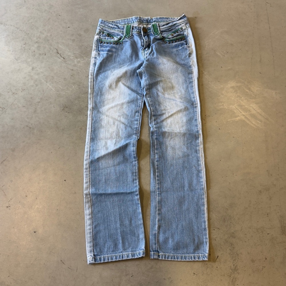 Bobby Jack Womens Blue Studded Embroidered Straight Leg Jeans Y2K Style